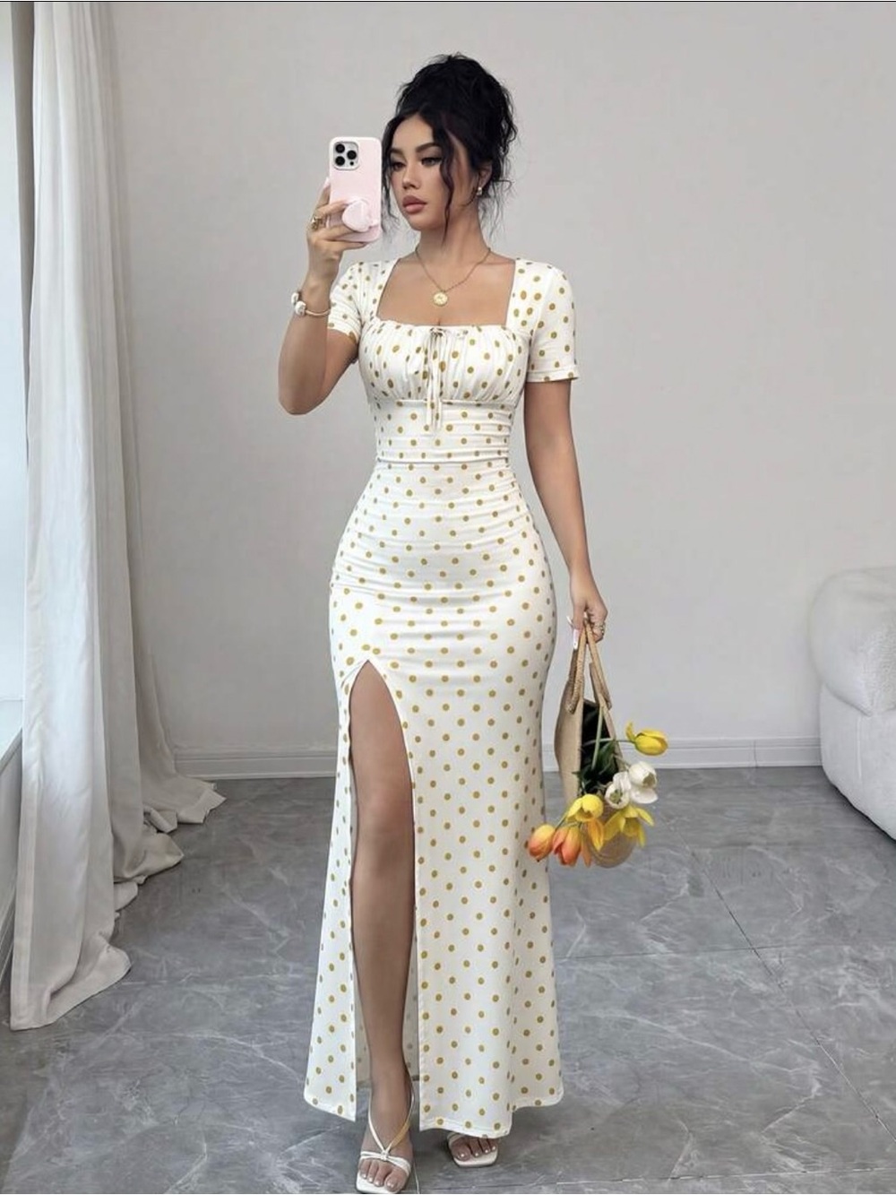 SHEIN White Maxi Dress with Gold Polka Dot Print and Thigh Slit